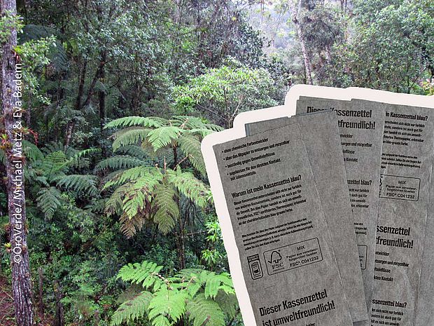 Um die Umweltbelastung durch den enormen Papiermüll der Kassenbons so gering wie möglich zu halten, nutzen viele Läden den umweltfreundlichen Kassenbon. ©Oroverde/Michael Metz & E.Badem 