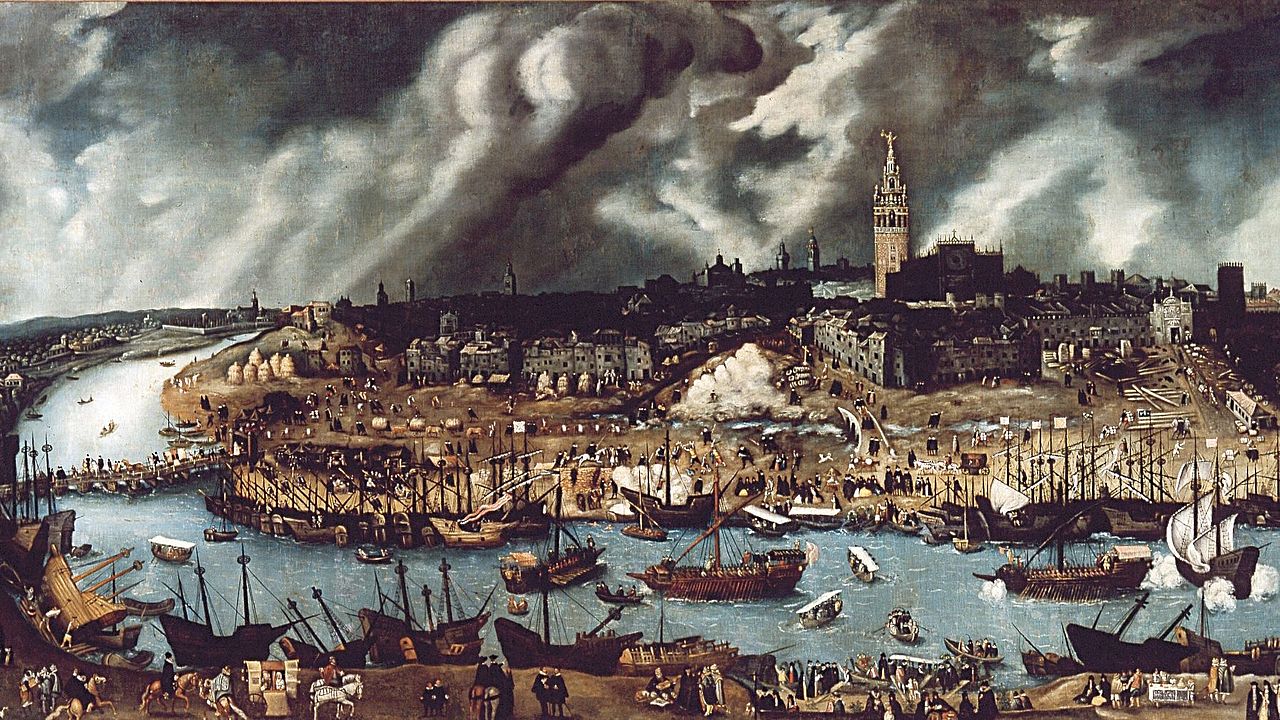 Gemälde: Die erste offizielle Schiffsladung Kakao gelangte im Jahre 1585 von Mexiko nach Sevilla in Spanien. Quelle: Wikimedia