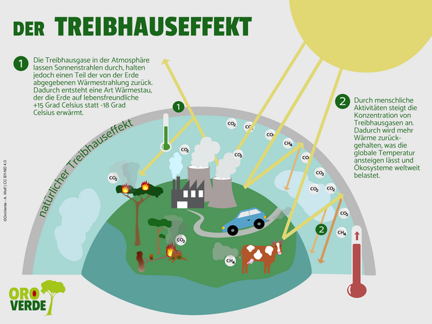 Die Grafik zeigt, wie Sonnenstrahlen die Erde erwärmen, während Treibhausgase in der Atmosphäre einen Teil der Wärmestrahlung zurückhalten, wodurch die Temperatur steigt.