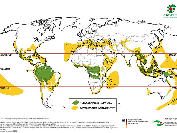die 36 Biodiversitäts-Hotspots nach "Conservation INternational 2016 und ihre Lage bezüglich Regenwäldern